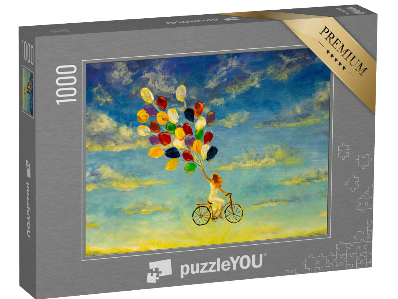 Puzzle 1000 pezzi „Ragazza in bicicletta vola nel cielo su palloncini colorati“