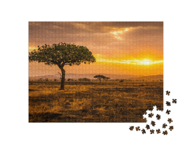 Puzzle 1000 pezzi „Tramonto dorato nel Serengeti, Kenya“