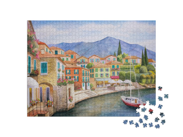 Puzzle 1000 pezzi „Acquerello disegnato a mano di un villaggio sul lago a Varenna, Italia“