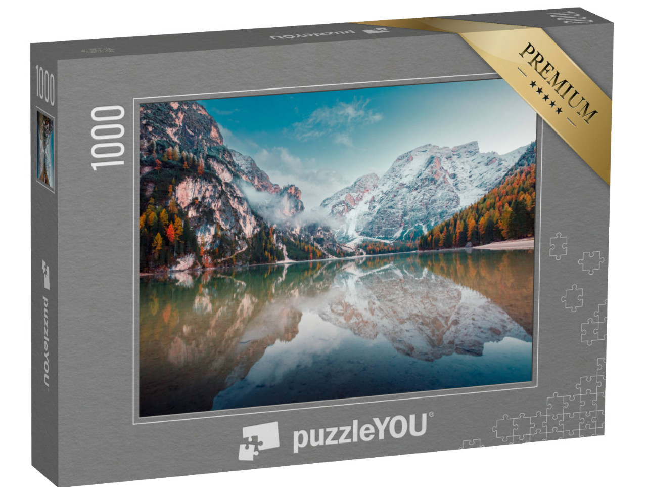 Puzzle 1000 pezzi „Magnifica vista della possente roccia sopra il lago Pragser Wildsee, Parco Nazionale Fanes-Sennes-Prags“