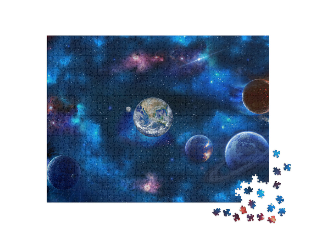 Puzzle 1000 pezzi „Scena spaziale con pianeti, stelle e galassie in alta risoluzione“