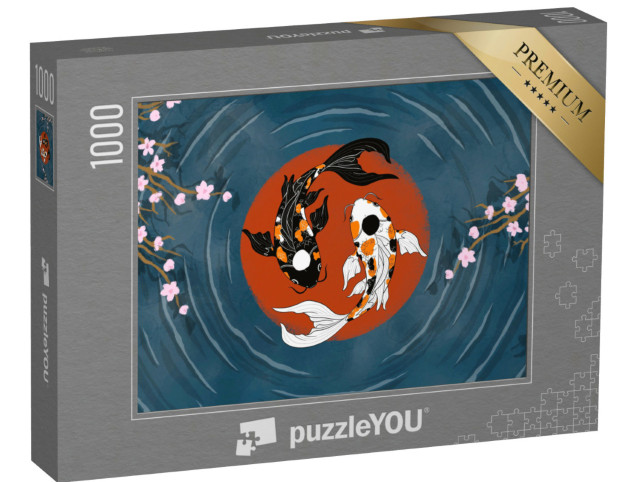 Puzzle 1000 pezzi „Koi orientali yin-yang in uno stagno con fiori di ciliegio“