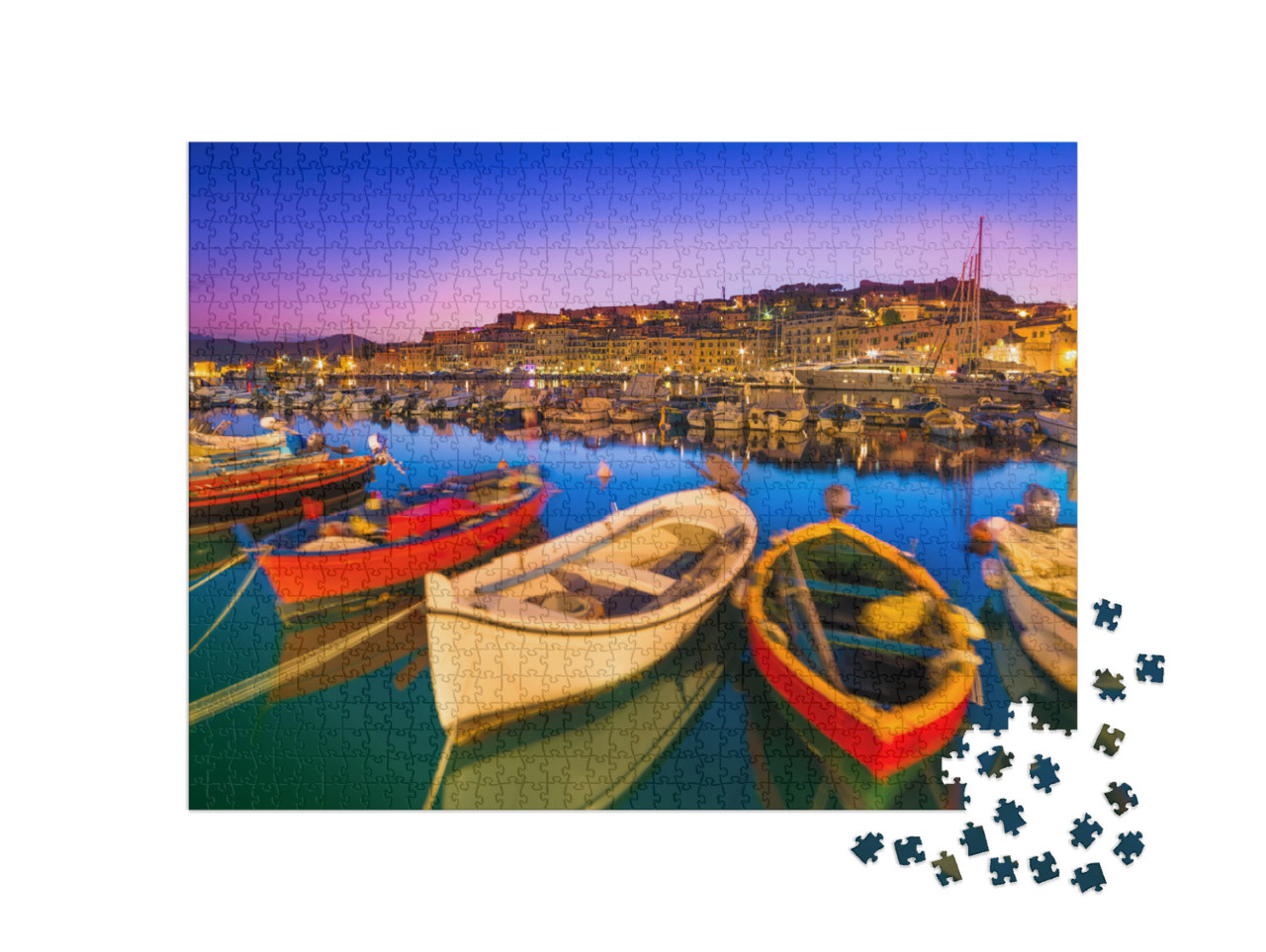 Puzzle 1000 pezzi „Le barche di Portoferraio sulla costa dell'Isola d'Elba, l'isola d'Elba nella regione Toscana“