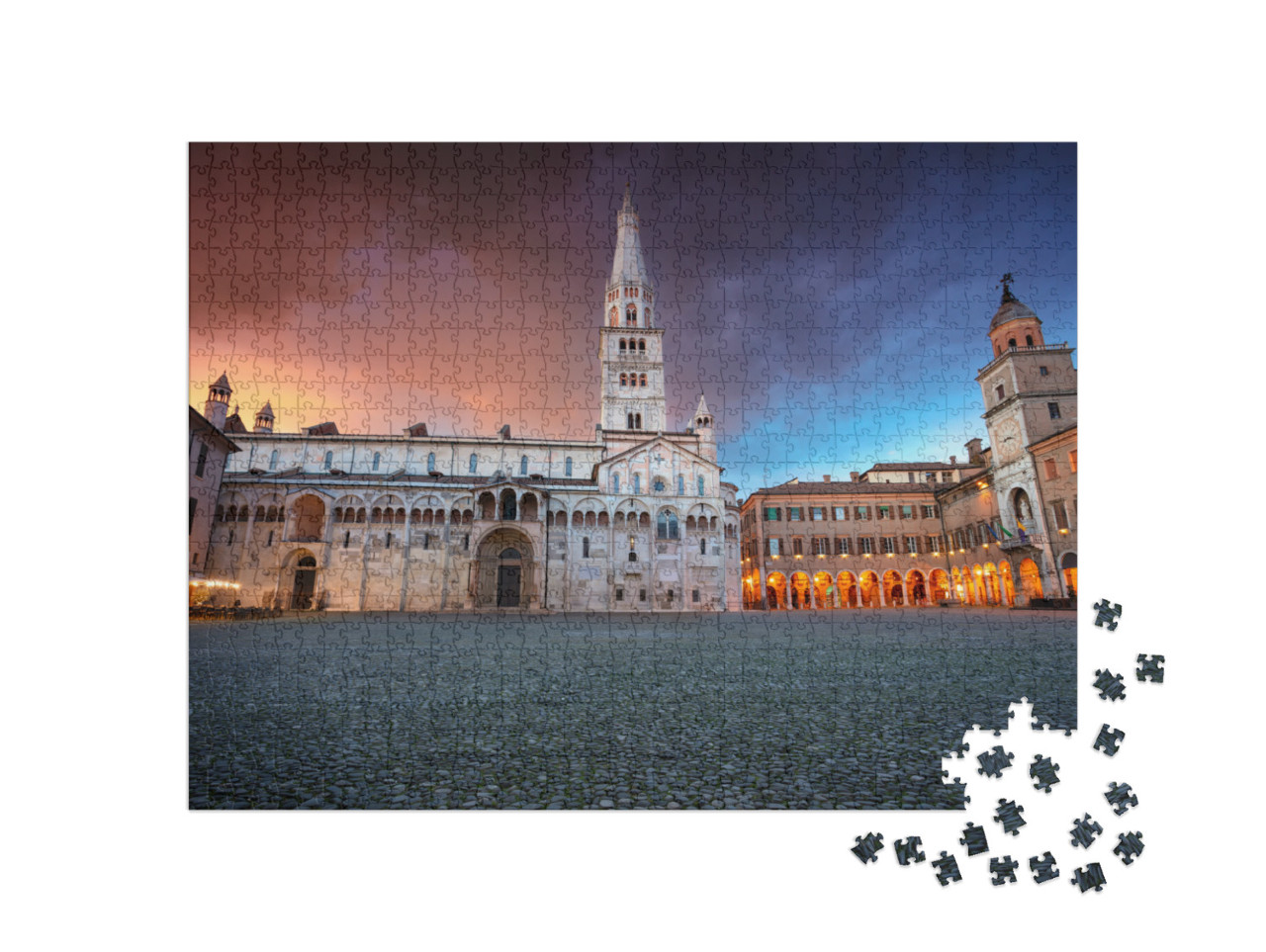 Puzzle 1000 pezzi „Immagine del paesaggio urbano di Modena, Italia, con Piazza Grande al drammatico tramonto primaverile.“