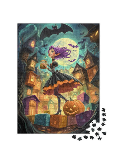 Puzzle 1000 pezzi „Strega con capelli viola tra i pipistrelli“