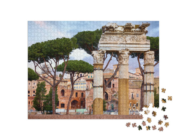 Puzzle 1000 pezzi „Foro Romano a Roma, Italia. Strutture antiche con colonne sotto gli alberi“