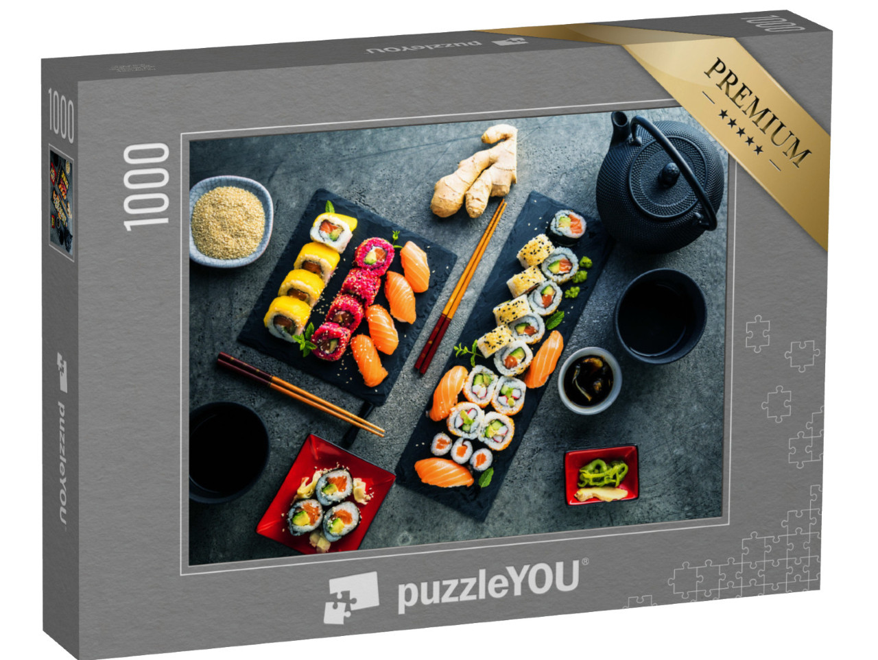 Puzzle 1000 pezzi „Maki e involtini dentro-fuori con tonno, salmone, gamberi e avocado“