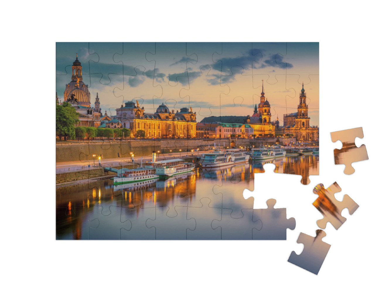 Puzzle 48 pezzi „Dresda sull'Elba: paesaggio urbano con il Ponte di Augusto, Sassonia, Germania“