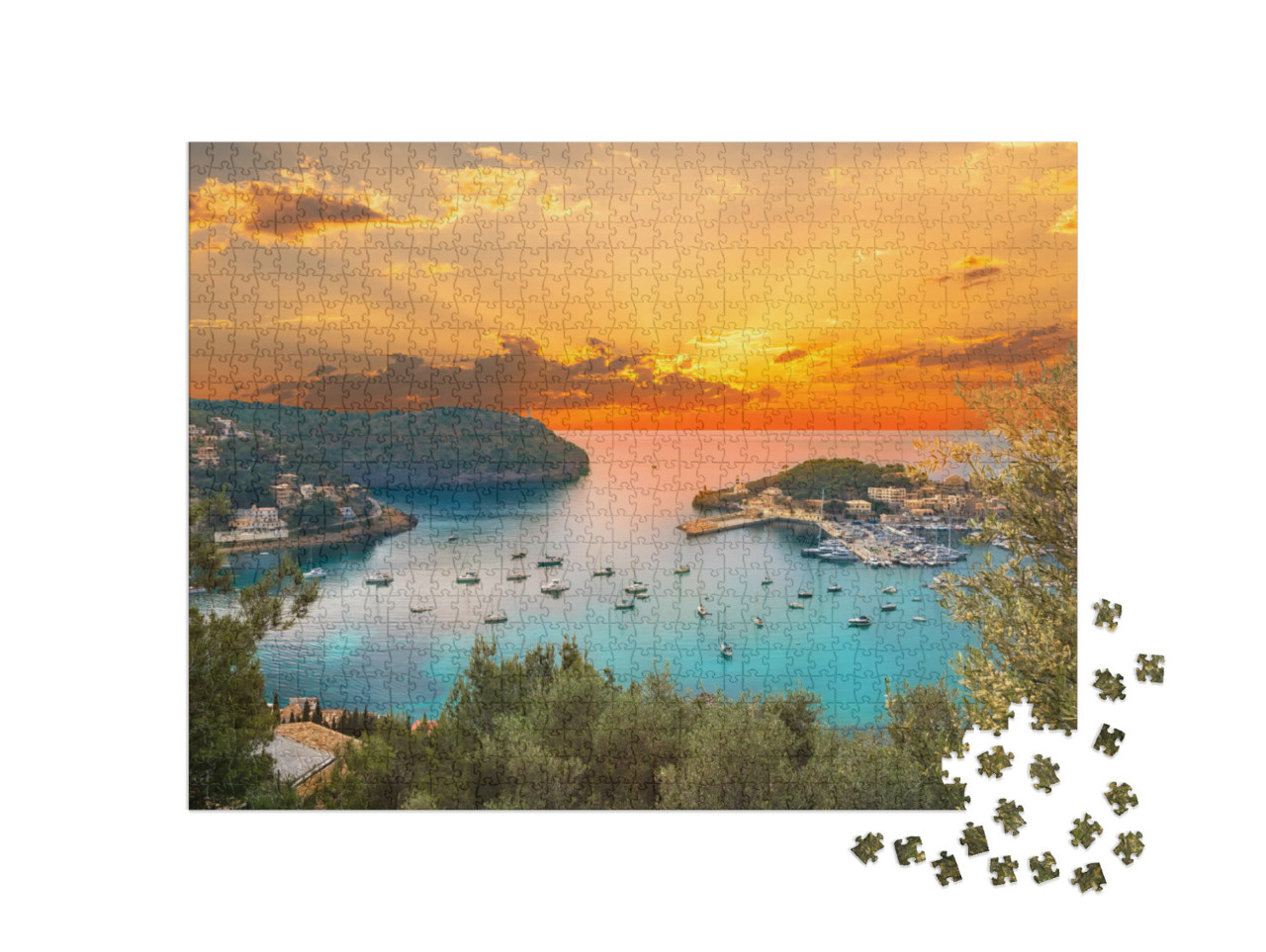 Puzzle 1000 pezzi „Vista del famoso porto di Soller, tramonto a Maiorca“