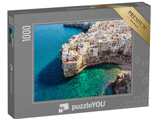 Puzzle 1000 pezzi „Persone che si bagnano al sole nella Laguna Blu, spiaggia di Polignano a Mare“