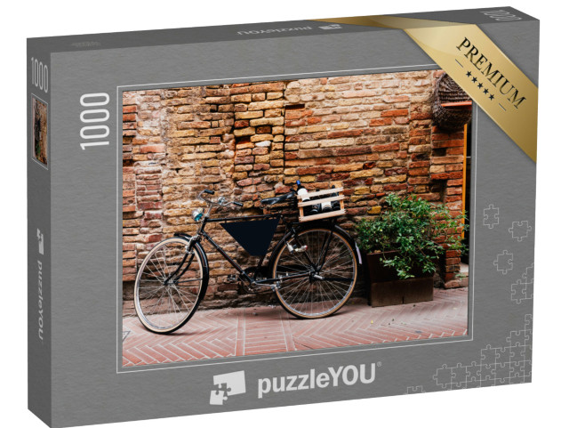 Puzzle 1000 pezzi „Vecchia bicicletta con cassetta di legno per strada a San Gimignano, Italia“