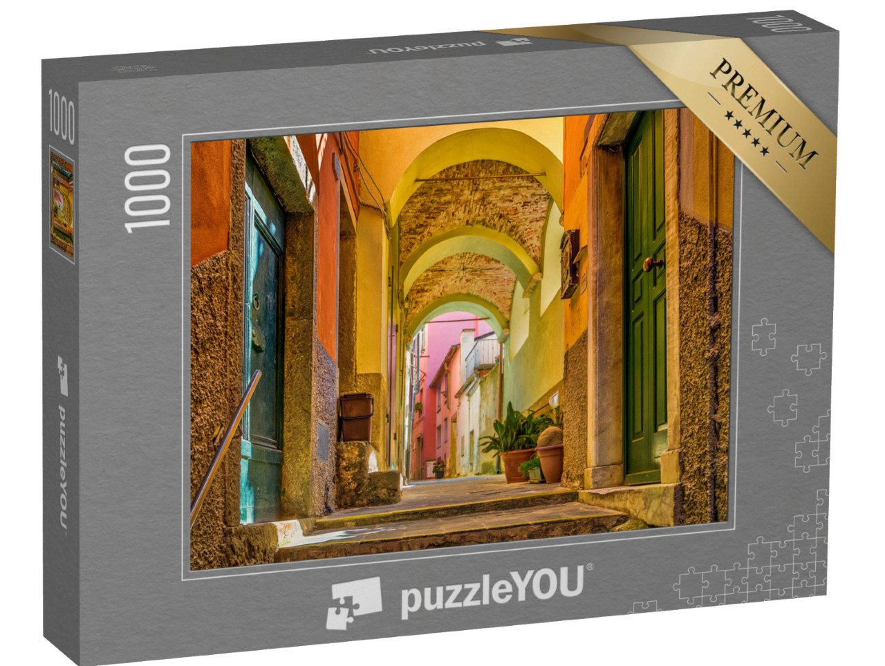 Puzzle 1000 pezzi „Case colorate nella via di Riomaggiore, borgo marinaro delle Cinque Terre in Italia“
