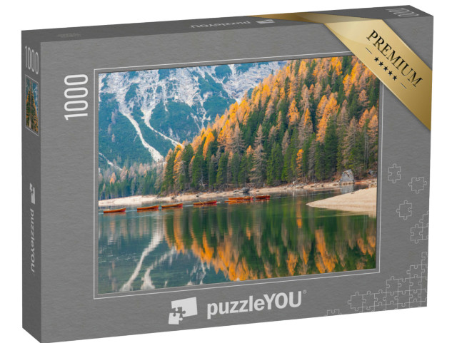 Puzzle 1000 pezzi „Colori d'autunno riflessi nel Lago di Braies, Stagione autunnale Dolomiti italiane, Bolzano Italia“