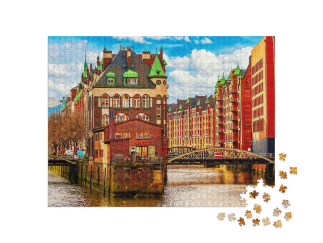 Puzzle 1000 pezzi „Primavera sul quartiere dei magazzini Speicherstadt di Amburgo“