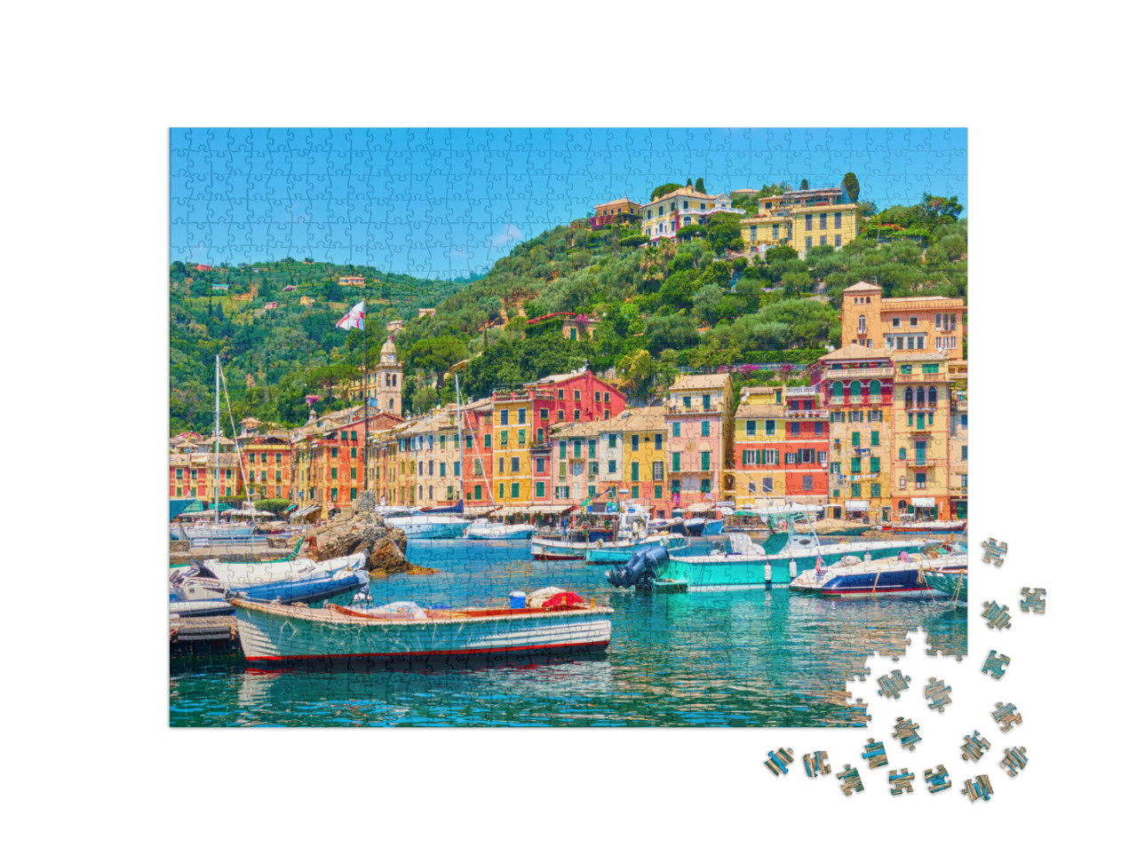 Puzzle 1000 pezzi „Vista della città di Portofino e del porto con le barche, Italia“