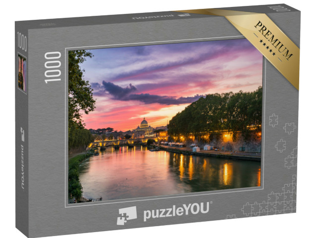 Puzzle 1000 pezzi „La basilica di San Pietro attraverso il canale del Tevere al tramonto a Roma, Italia“