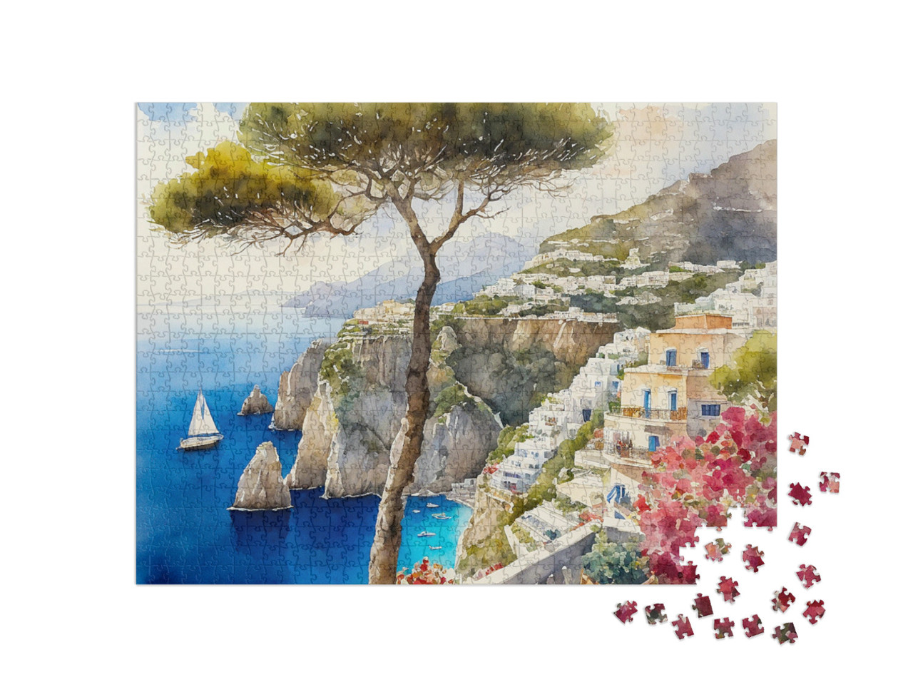 Puzzle 1000 pezzi „Acquerello: La pittoresca veduta di Capri, con mare azzurro, barca, isola, scogliera e città“