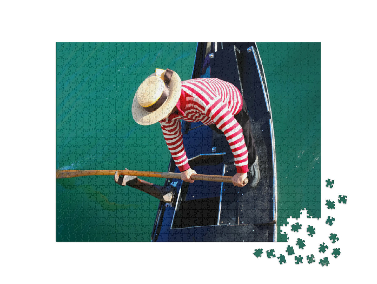 Puzzle 1000 pezzi „Gondoliere veneziano con cappello che rema in gondola sul Canal Grande a Venezia in Italia in Europa“