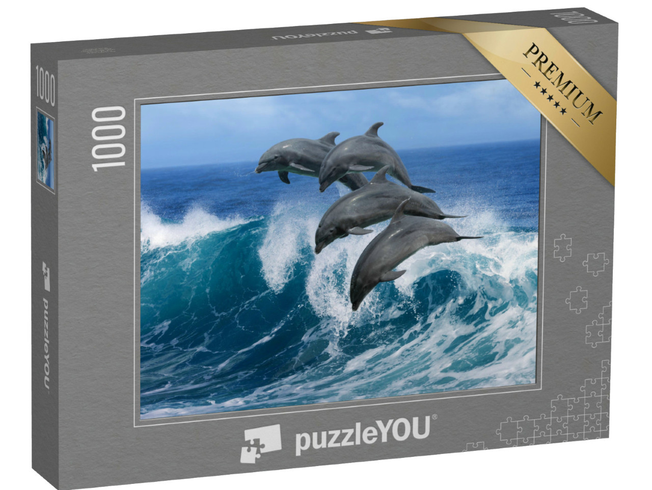 Puzzle 1000 pezzi „Quattro bellissimi delfini che saltano sulle onde, Hawaii“