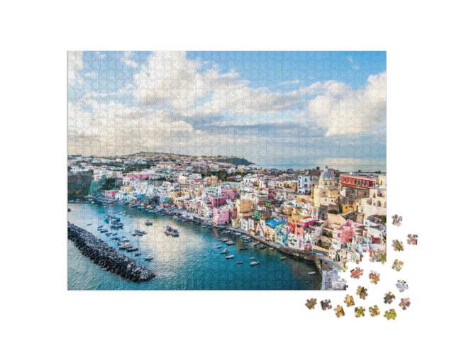 Puzzle 1000 pezzi „Marina Corricella, villaggio di pescatori sulla costa dell'isola di Procida, con edifici colorati“