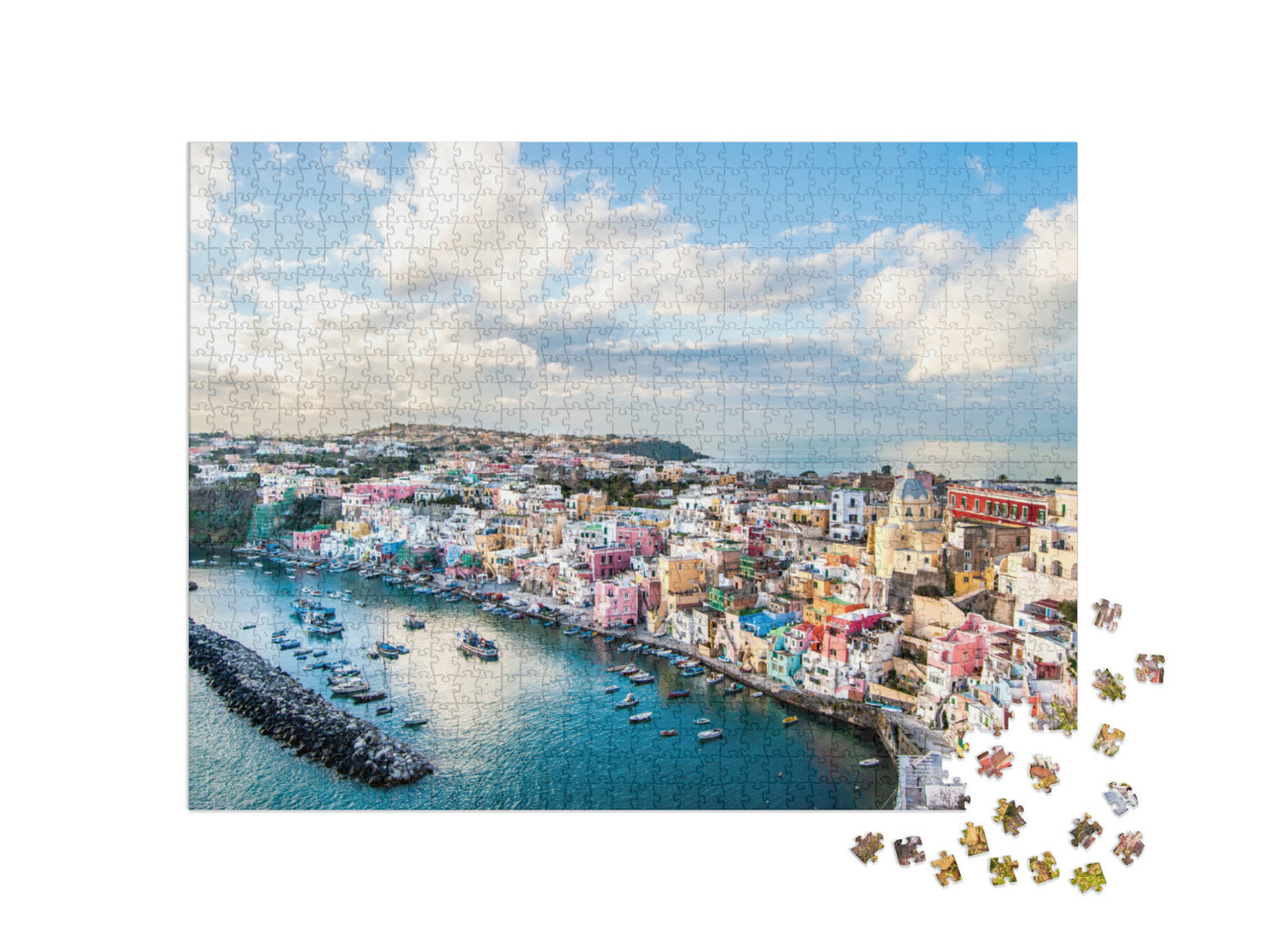 Puzzle 1000 pezzi „Marina Corricella, villaggio di pescatori sulla costa dell'isola di Procida, con edifici colorati“