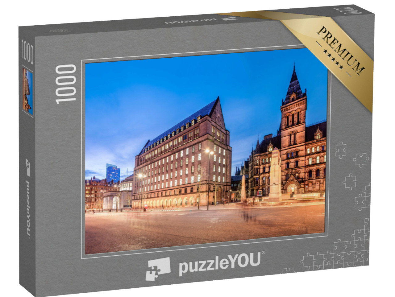 Puzzle 1000 pezzi „Il vecchio e il nuovo municipio nel centro di Manchester, Inghilterra“