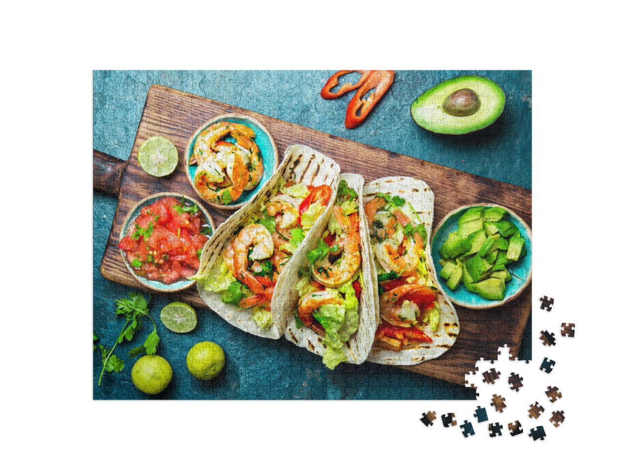 Puzzle 1000 pezzi „Cucina messicana: tacos di gamberi con salsa, verdure e avocado“