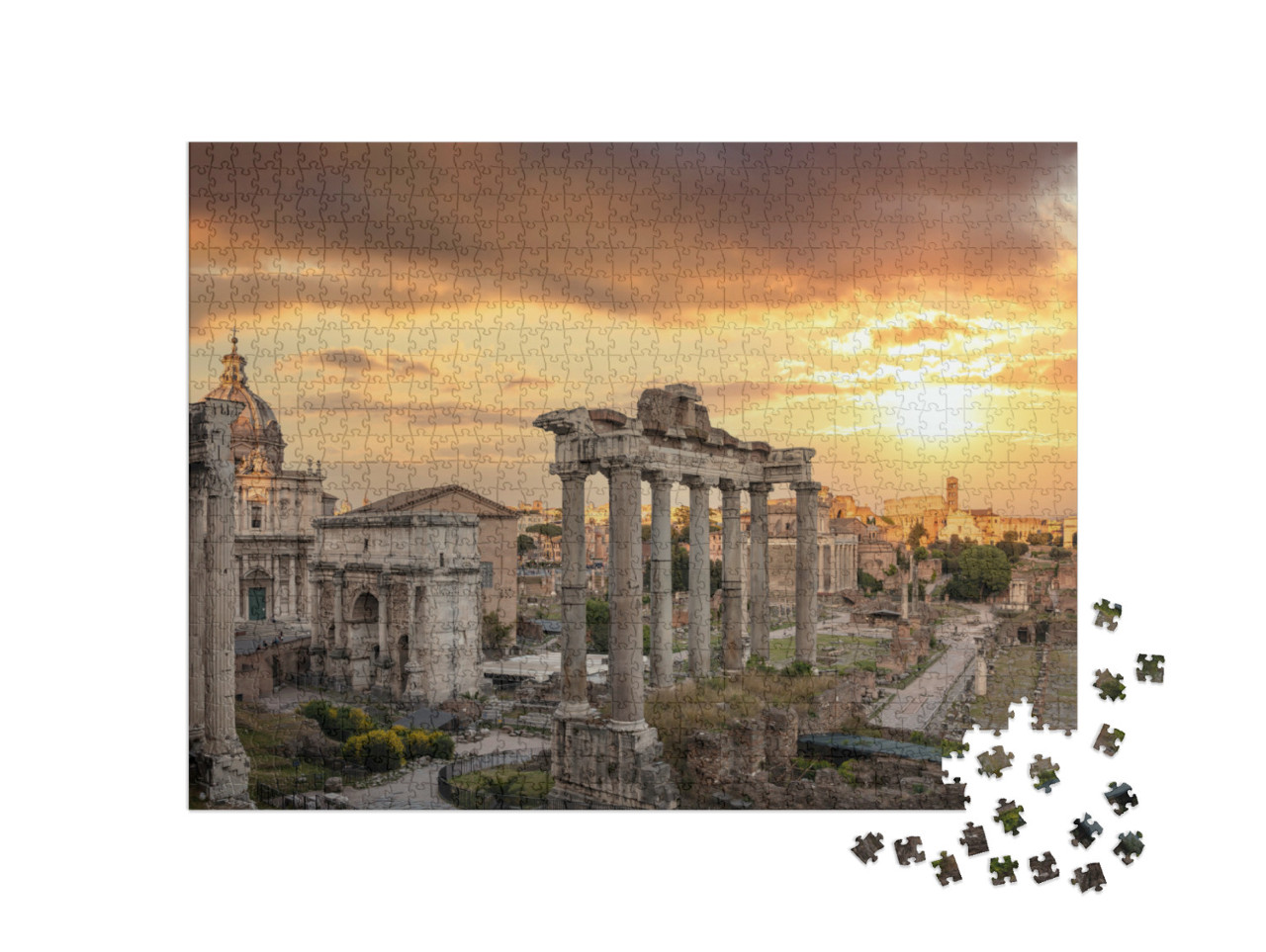 Puzzle 1000 pezzi „Foro Romano al tramonto a Roma, Italia. Rovine dell'antico foro sul Palatino“