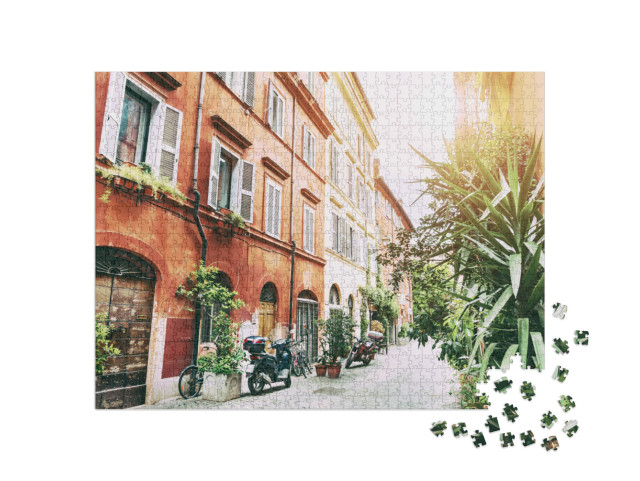 Puzzle 1000 pezzi „Bella strada con vecchi edifici a Roma, Italia. Filtro vintage, effetto retrò“