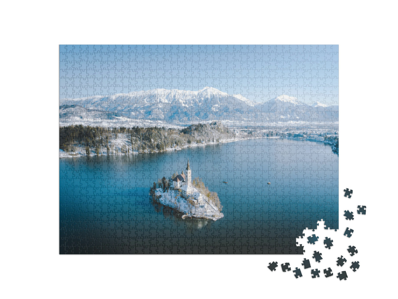 Puzzle 1000 pezzi „Vista panoramica del lago di Bled in inverno, Slovenia“