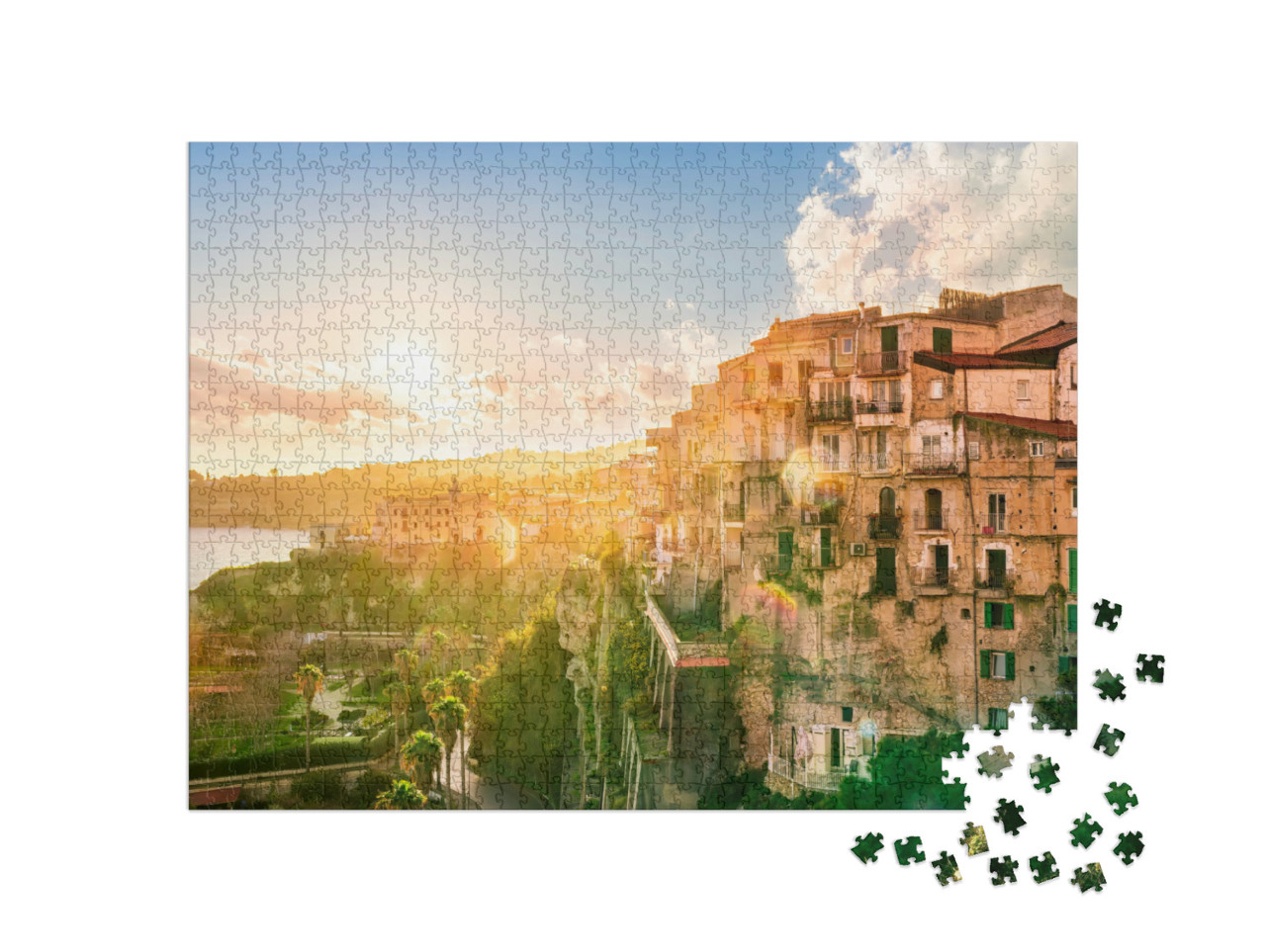 Puzzle 1000 pezzi „Tramonto sulla costa del mare a Tropea, Italia. Antico edificio su un'alta roccia“