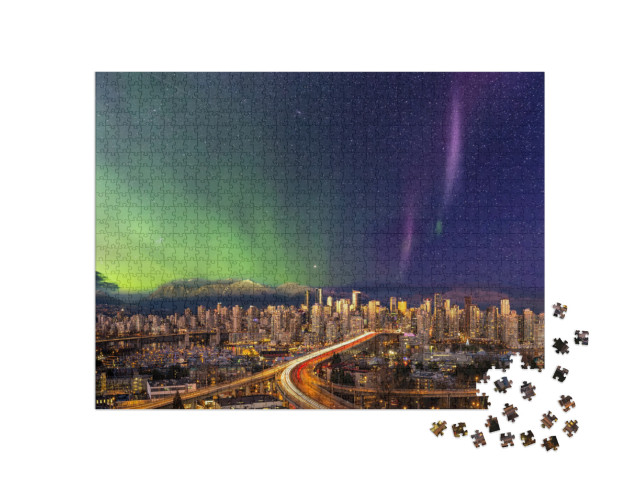 Puzzle 1000 pezzi „Il centro di Vancouver con l'aurora boreale“