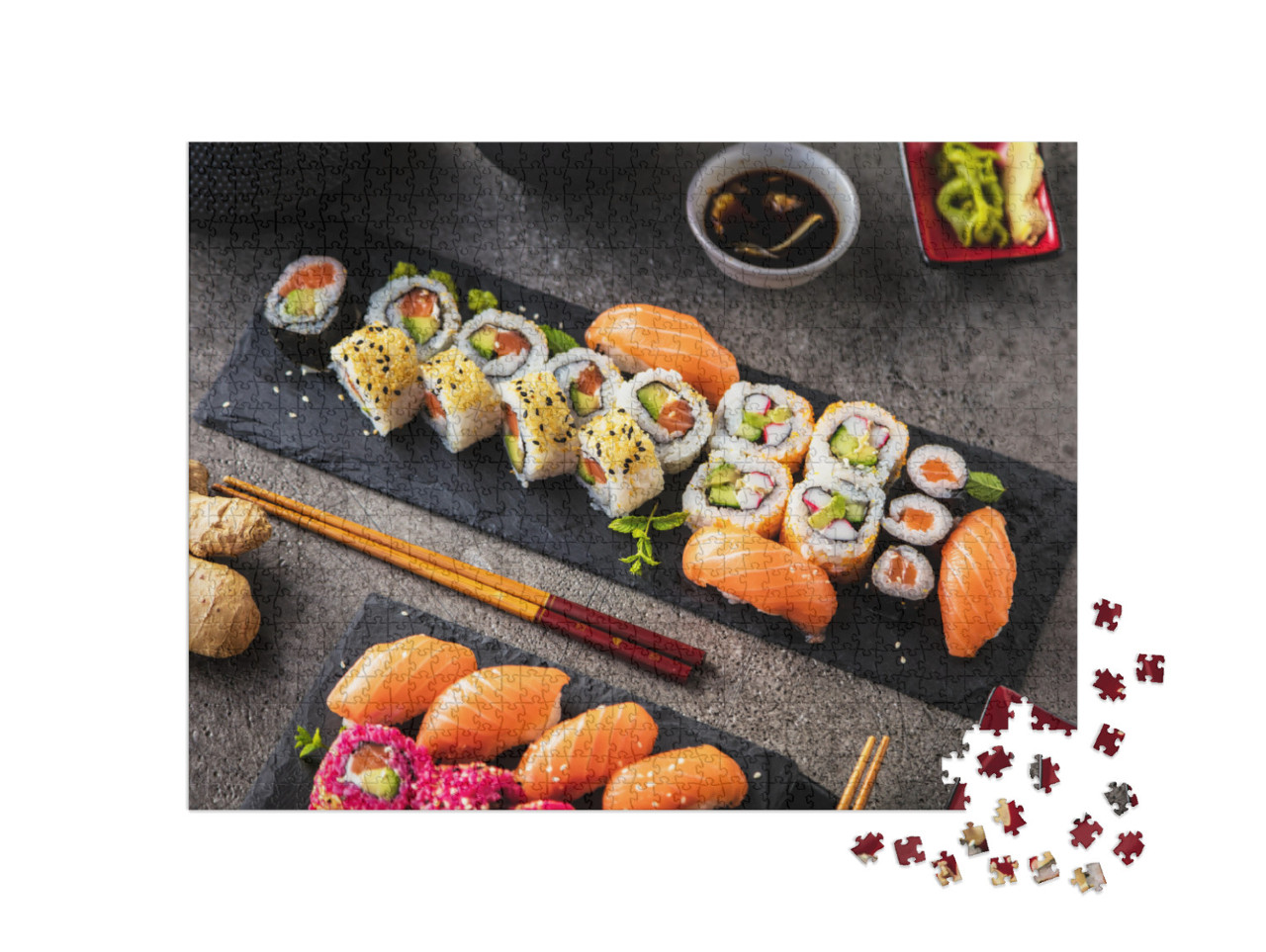 Puzzle 1000 pezzi „Varietà di sushi su piatti di ardesia con e zenzero“