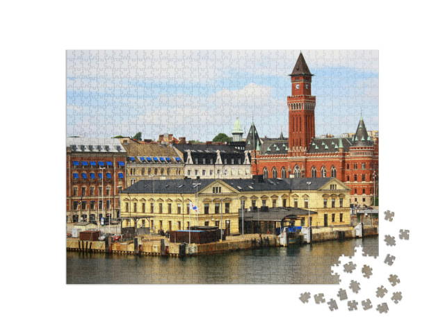 Puzzle 1000 pezzi „Bella vista di Helsingborg con il porto, Svezia“