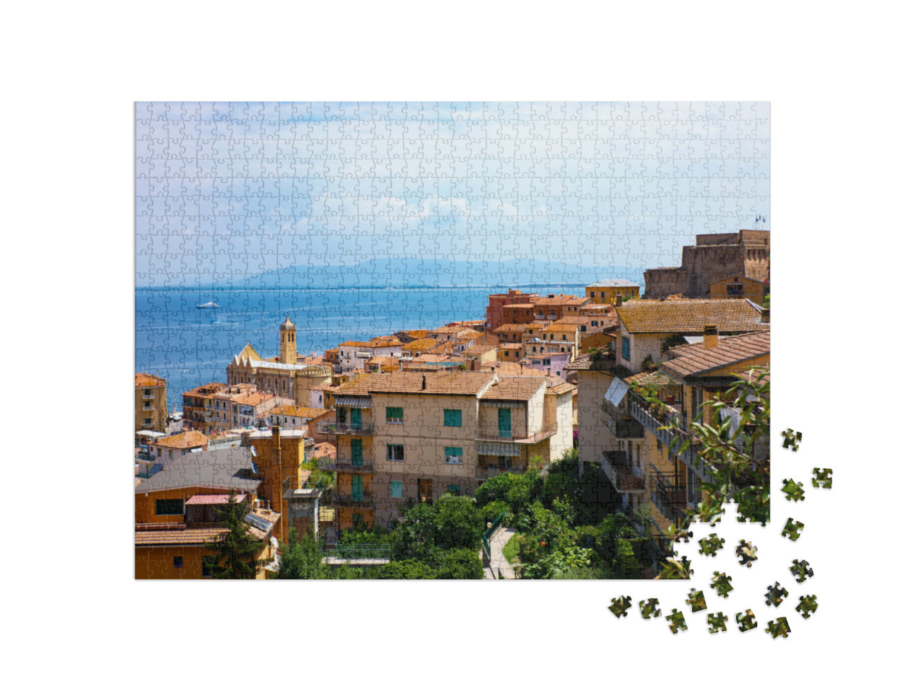 Puzzle 1000 pezzi „Italia, Porto Santo Stefano, vista panoramica della città sul mare, con la fortezza spagnola sullo sfondo“