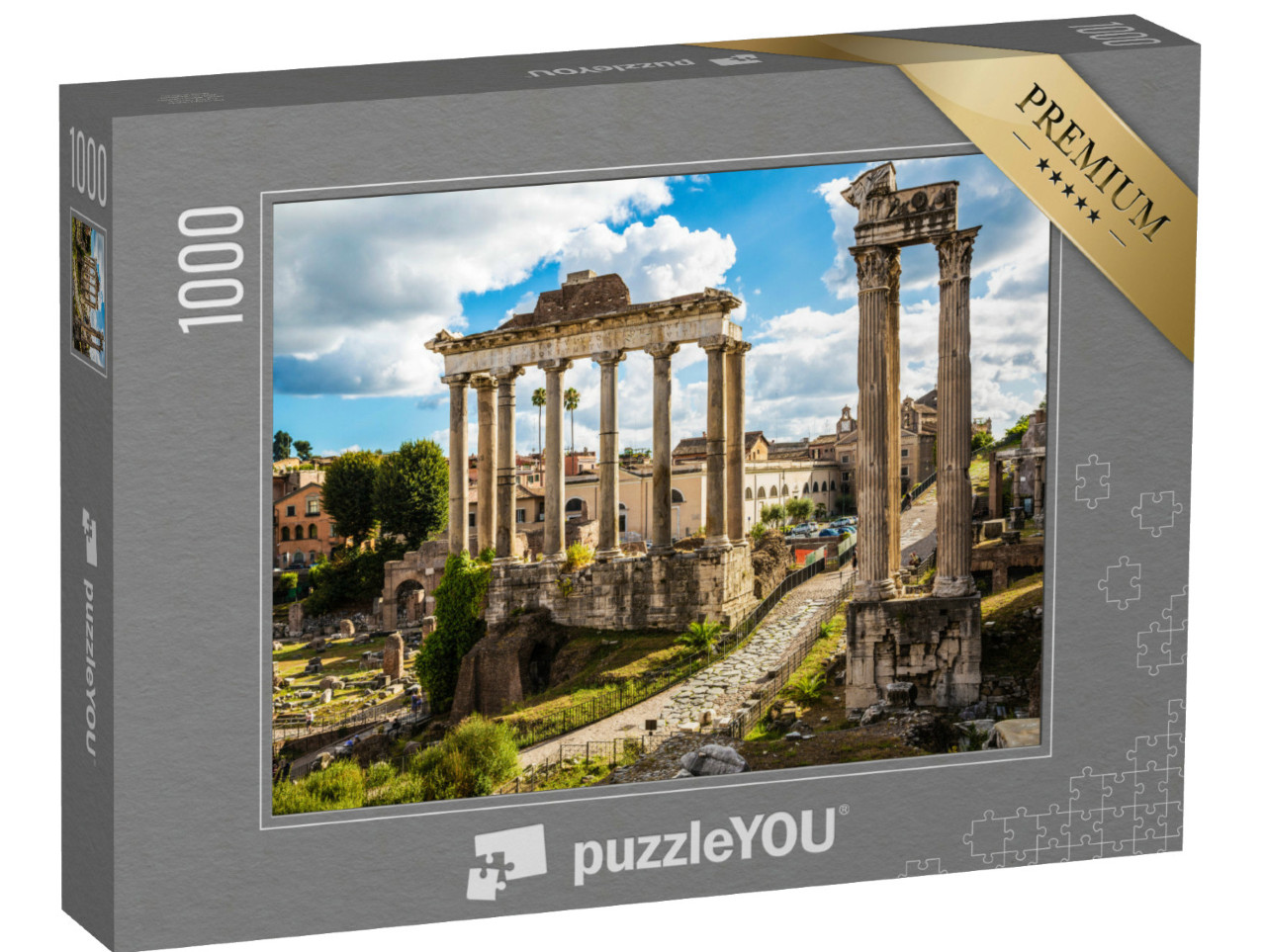 Puzzle 1000 pezzi „Foro romano, con il tempio di Vespasiano e Tito e il tempio di Saturno in primo piano. Roma, Italia“