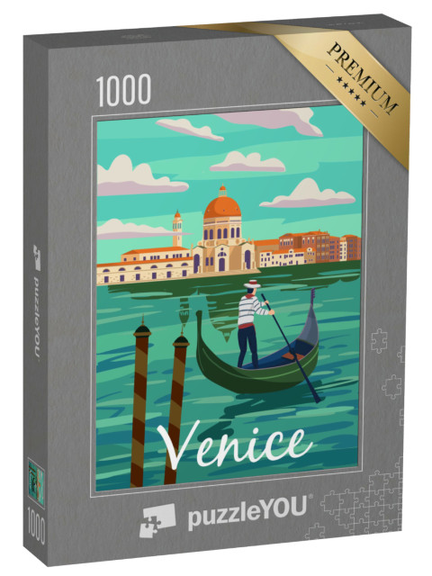 Puzzle 1000 pezzi „Venezia Italia Poster stile retrò. Canal Grande, gondoliere, architettura, cartolina vintage“