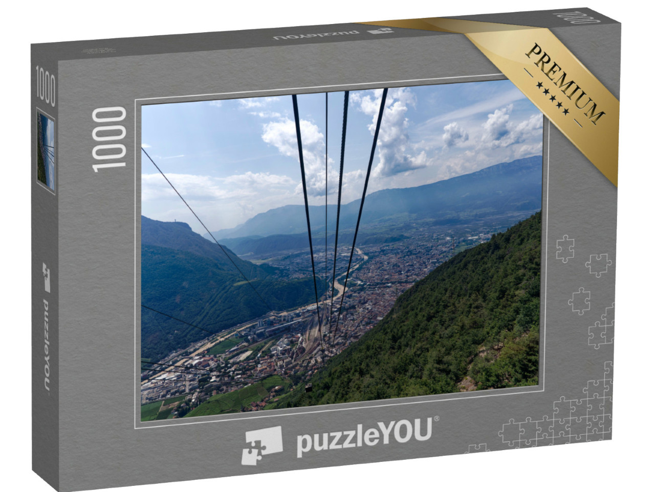 Puzzle 1000 pezzi „La funivia e la città di Bolzano con il suo pittoresco paesaggio in una soleggiata giornata estiva“
