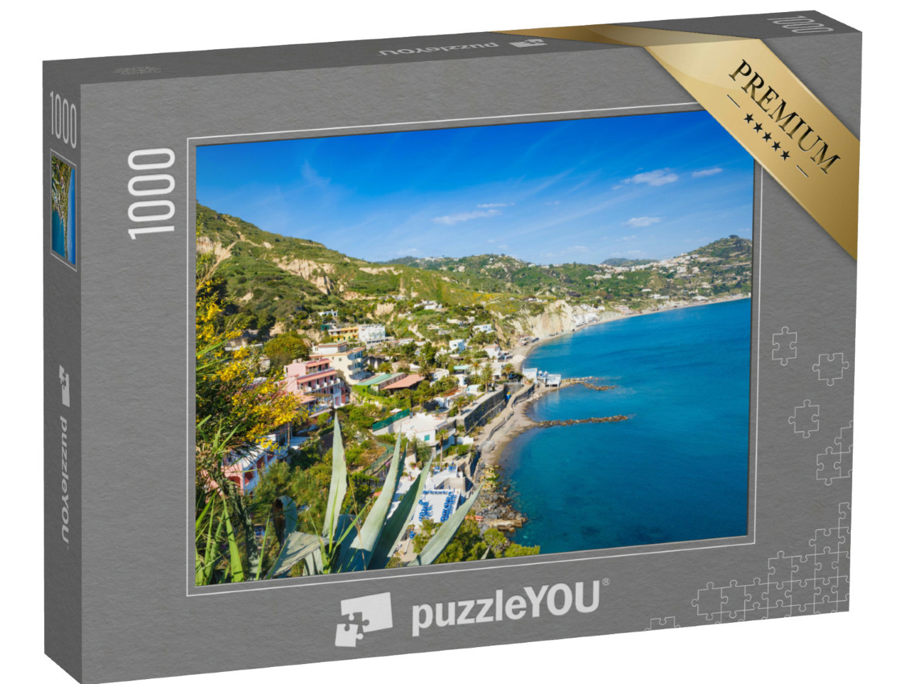 Puzzle 1000 pezzi „Vista della spiaggia Le Fumarole vicino a Sant'Angelo, sull'isola d'Ischia, con l'acqua limpida e azzurra“