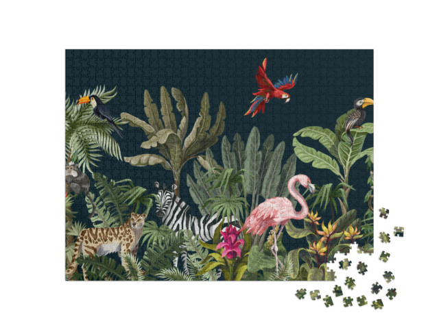 Puzzle 1000 pezzi „Disegno senza cuciture con animali della giungla, fiori e alberi“
