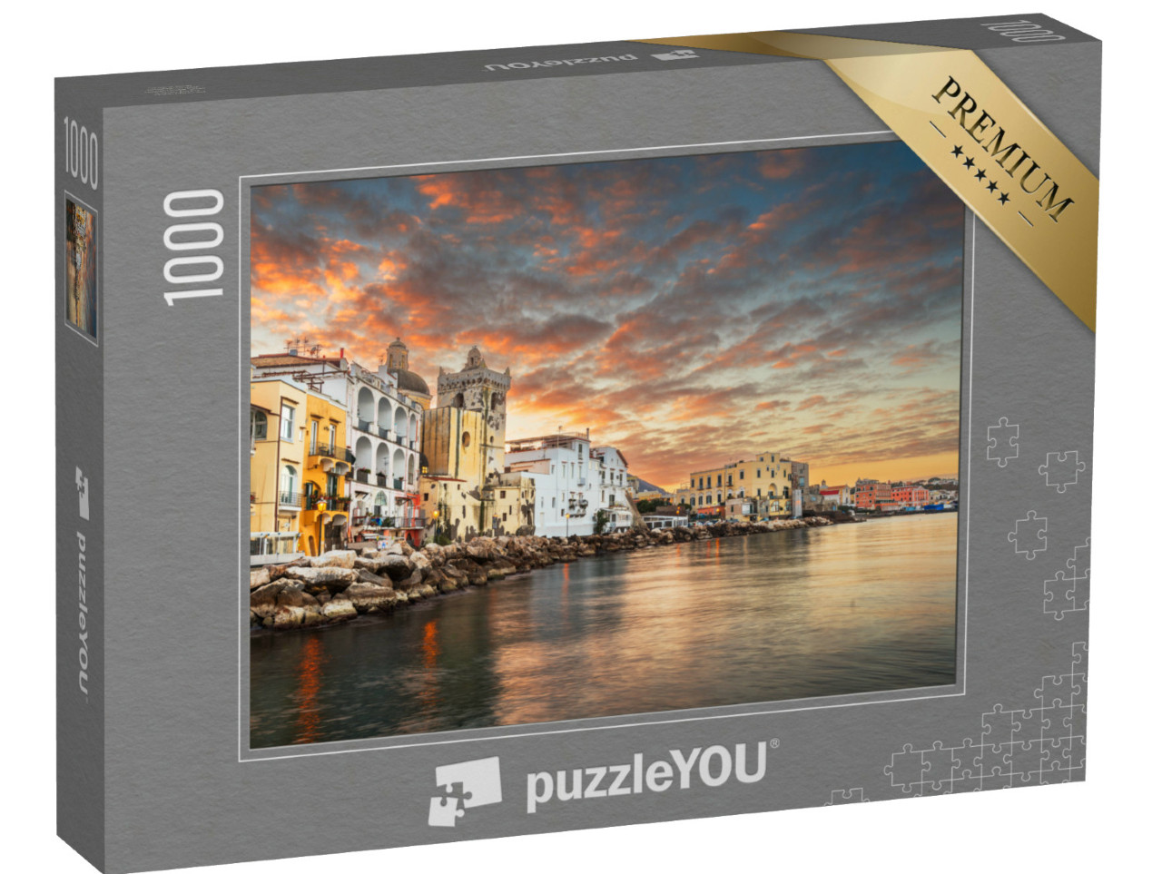 Puzzle 1000 pezzi „Isola d'Ischia, Napoli, Italia, sulla costa mediterranea al tramonto.“