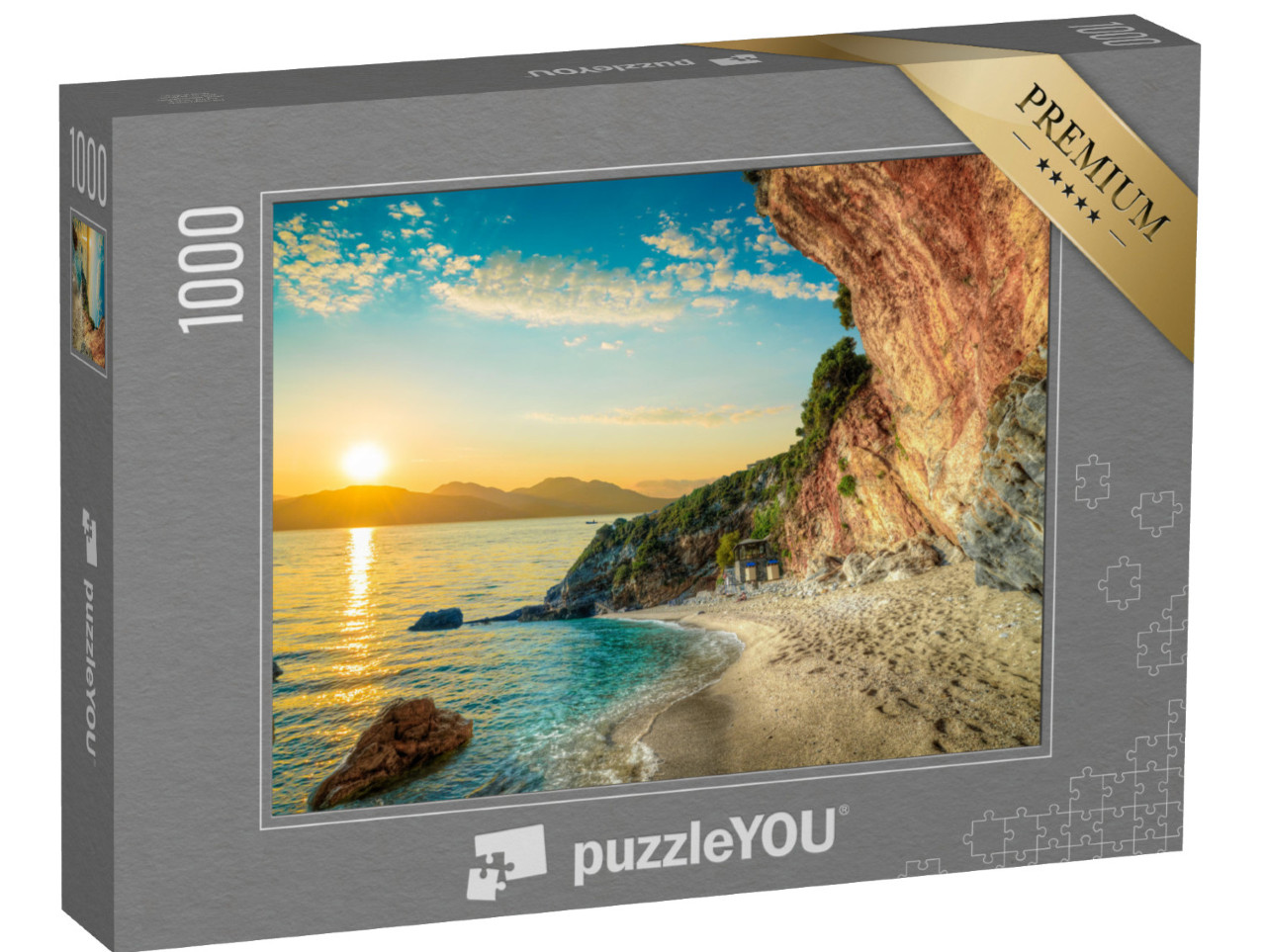 Puzzle 1000 pezzi „Bellissimo paesaggio con spiaggia e mare all'alba, Corfù, Grecia“