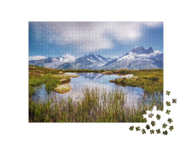 Puzzle 1000 pezzi „Il pittoresco ghiacciaio del Monte Bianco con il Lac Blanc, Aiguilles Rouges, Francia“