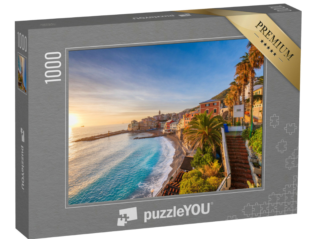 Puzzle 1000 pezzi „Bogliasco, Genova, Italia, skyline sul Mediterraneo al tramonto.“