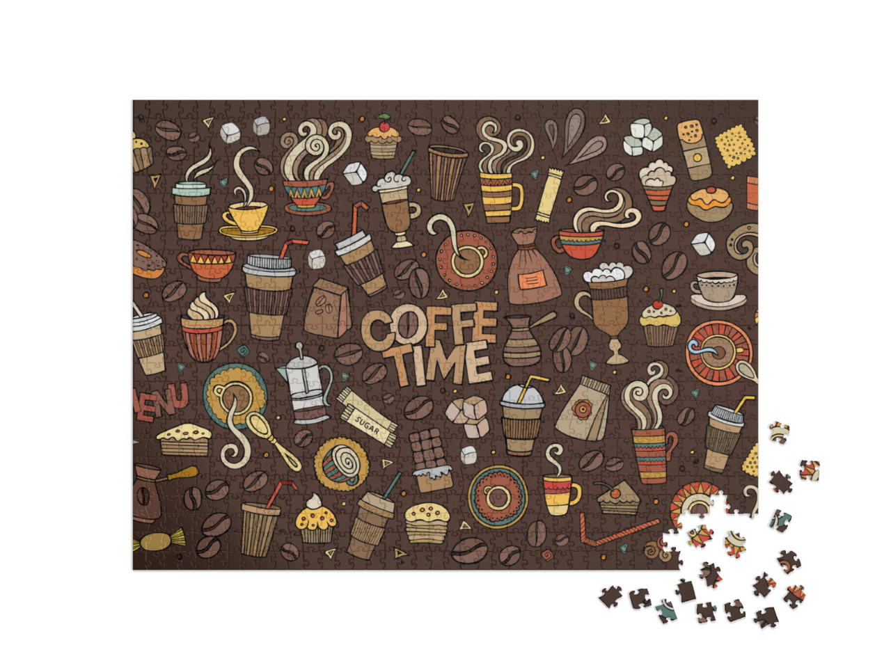 Puzzle 1000 pezzi „Grafica vettoriale colorata: Simboli sul tema del caffè“