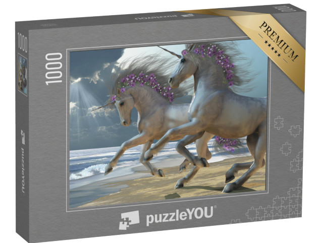 Puzzle 1000 pezzi „Due bellissimi unicorni bianchi si divertono sulla spiaggia“