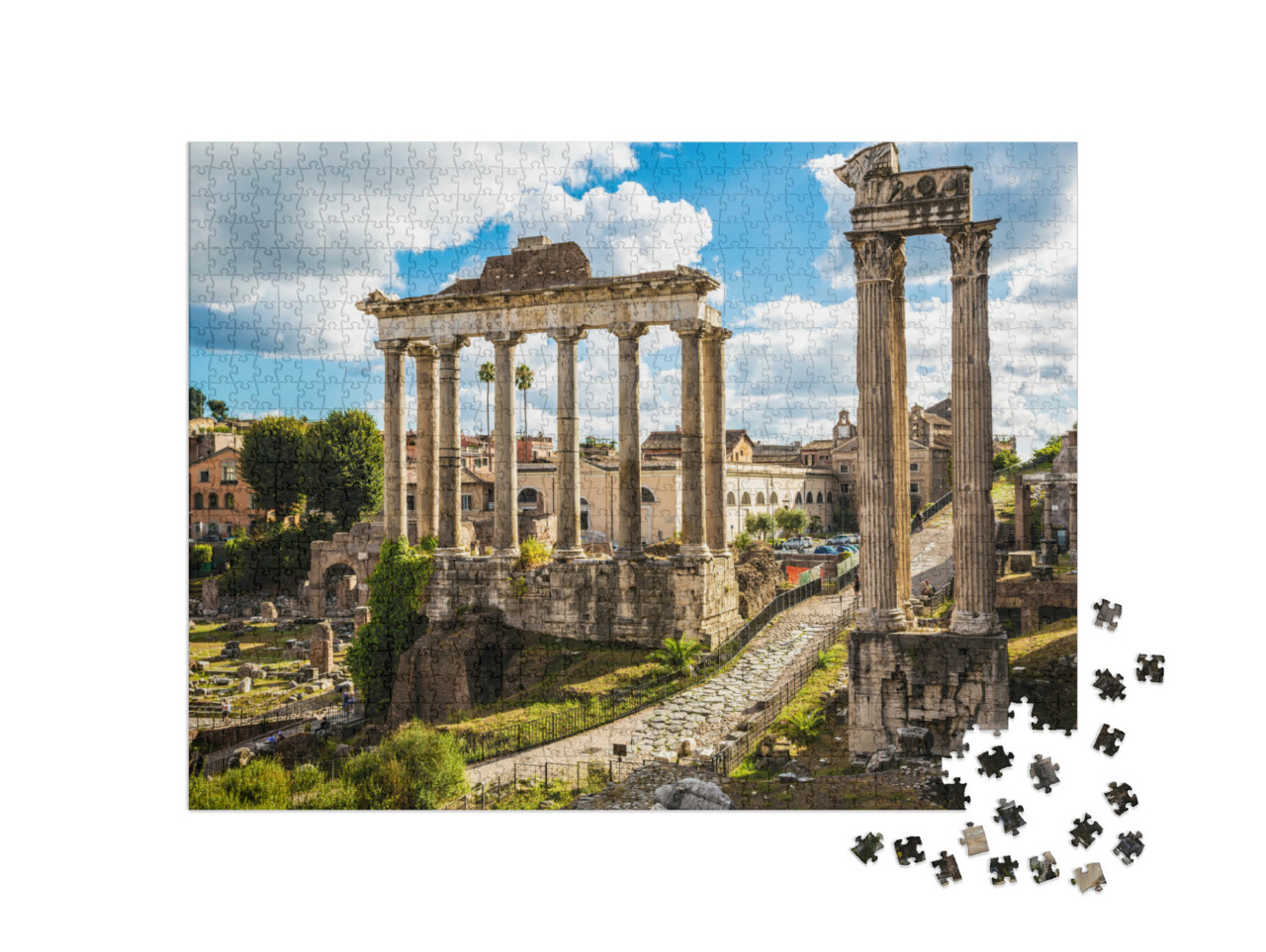 Puzzle 1000 pezzi „Foro romano, con il tempio di Vespasiano e Tito e il tempio di Saturno in primo piano. Roma, Italia“