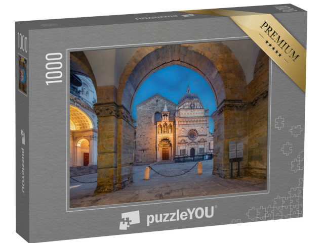 Puzzle 1000 pezzi „Vista del Duomo di Bergamo attraverso l'arco al tramonto a Bergamo, Italia“