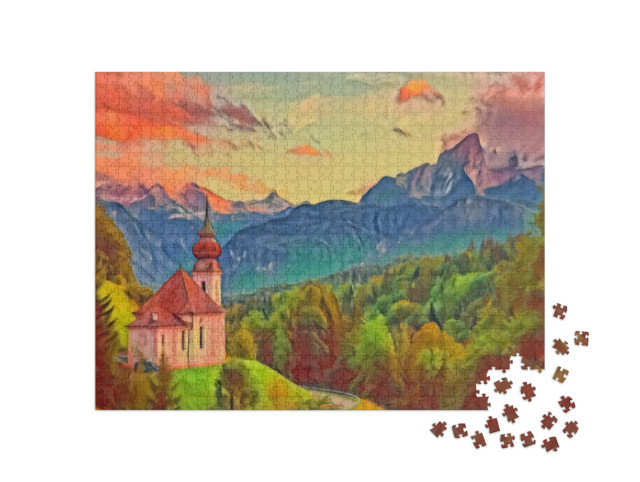 Puzzle 1000 pezzi „nello stile artistico di Franz Marc - Watzmann con la chiesa di Maria Gern“