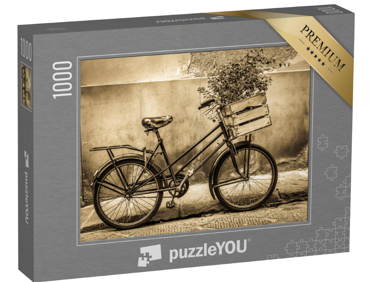 Puzzle 1000 pezzi „Bicicletta d'epoca con piante nella scatola di trasporto sul manubrio“